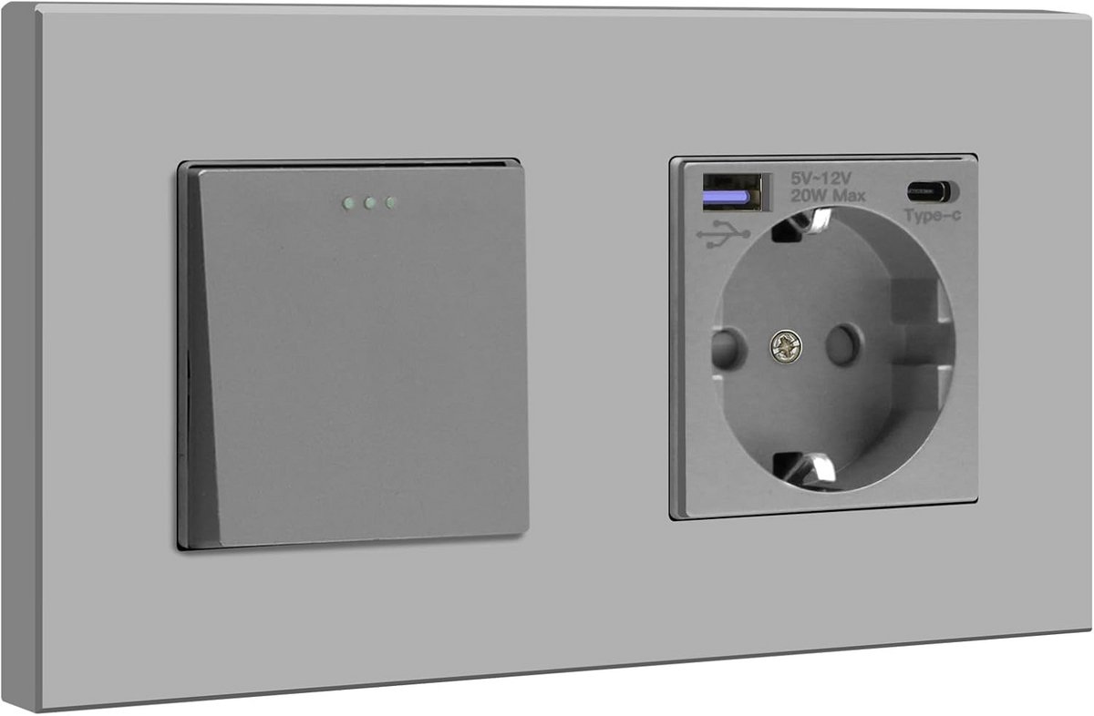 Inbouw Wandschakelaar met USB-C Snel oplaadpunt en Schuko Stopcontact - Modern Design
