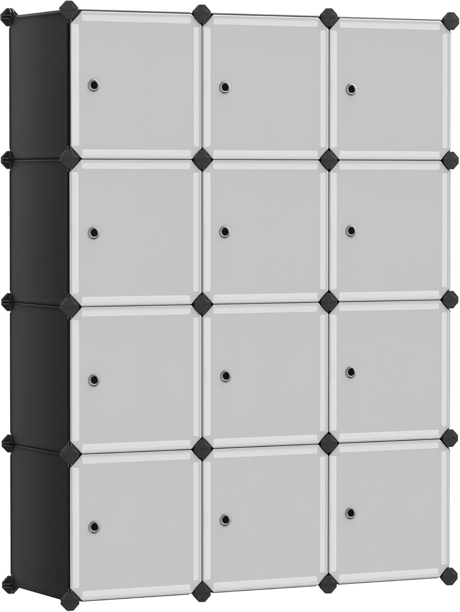 SONGMICS 12-Kubus Opbergeenheid, Schoenenrek, Stapelbare Kubussen, Plastic Kastkast, Kledingkast, met Deuren, voor Slaapkamer, Kantoor, Eenvoudig Te Monteren, Zwart en Wit LPC34HV1