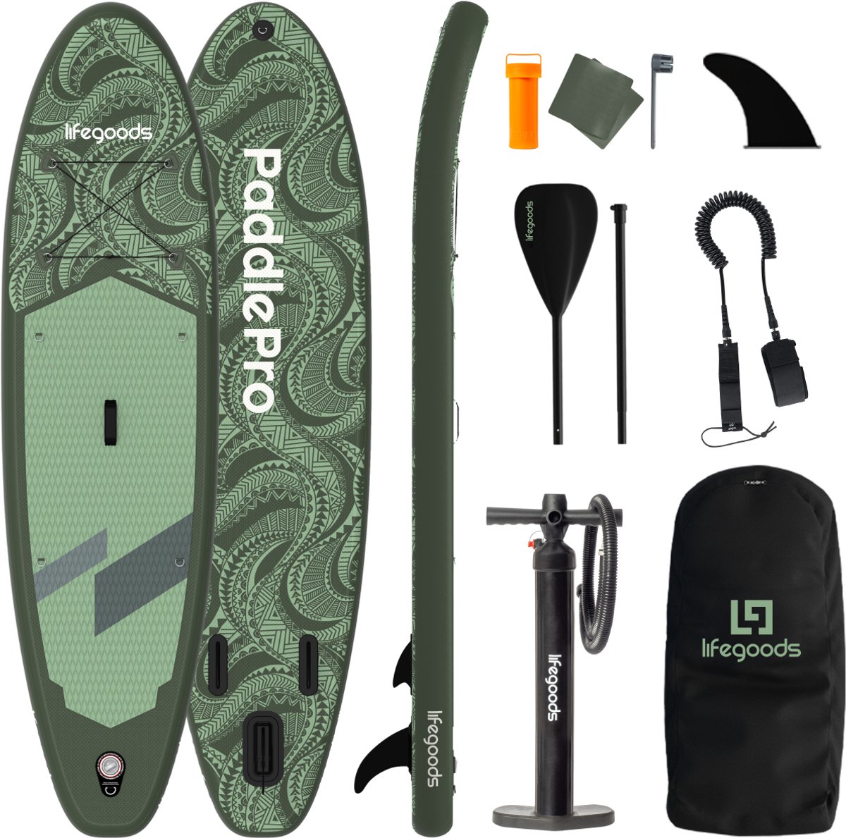 LifeGoods SUP Board Allround Compact - 120 KG Draagkracht - 300 x 76 cm - Opblaasbaar - Compleet SUP pakket - Groen/Legergroen