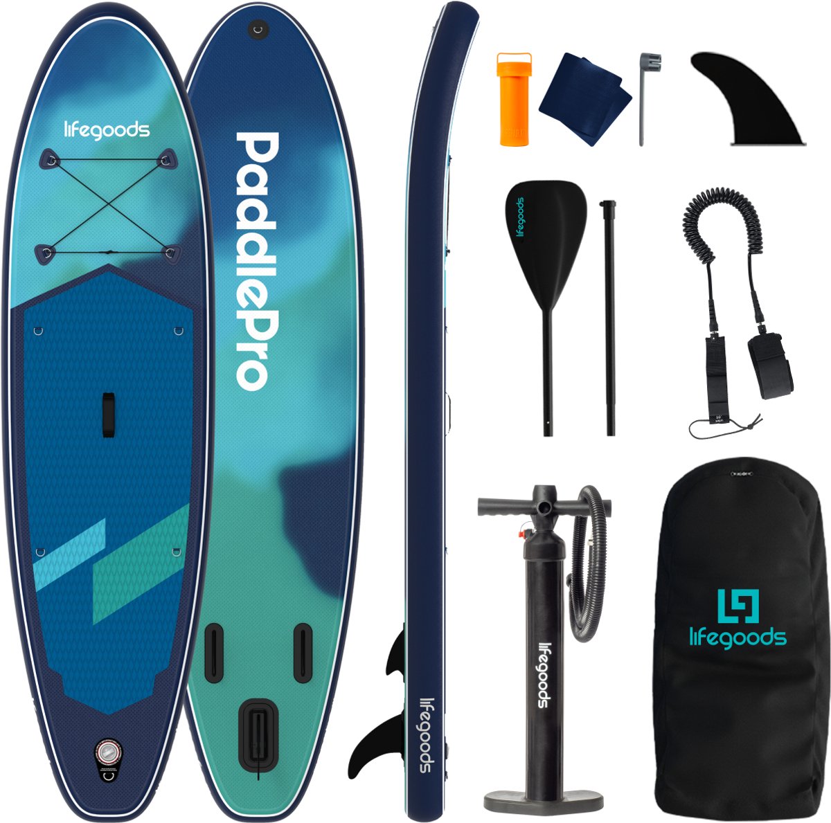 LifeGoods SUP Board Allround Compact - 100 KG Draagkracht - 300 x 76 cm - Opblaasbaar - Compleet SUP pakket - Blauw/Groen