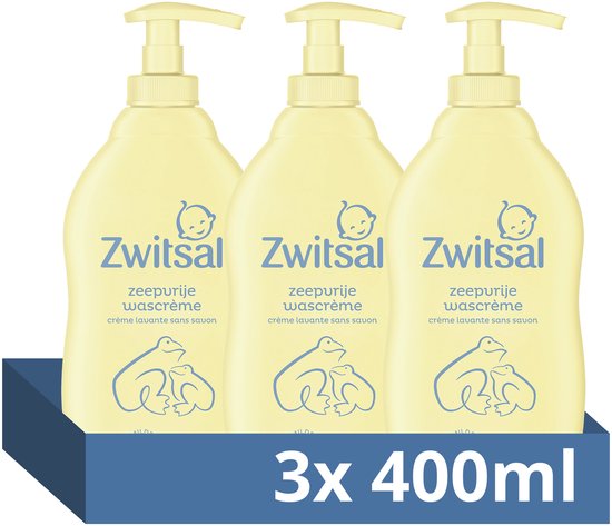 Drie lichtgele flacons Zwitsal zeepvrije wascrème in een display. Tekst '3x 400ml'.