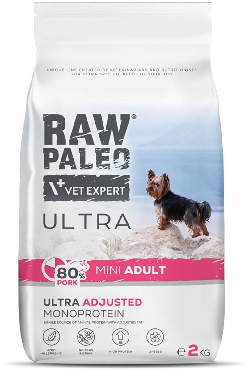 VETEXPERT Raw Paleo Ultra - Hondenvoer Droogvoer - Monoproteïne Varkensvlees - Graanvrij & Erwtenvrij - Voor Kleine Volwassen Honden 2kg