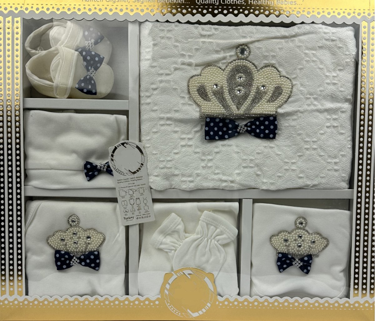 Marco Rossi Luxe 11-delige Baby Cadeauset - Geboorte Set - Gift - Navy - met Kroon & Parels - Kraamcadeau Jongen & Meisje - 0-4 maanden