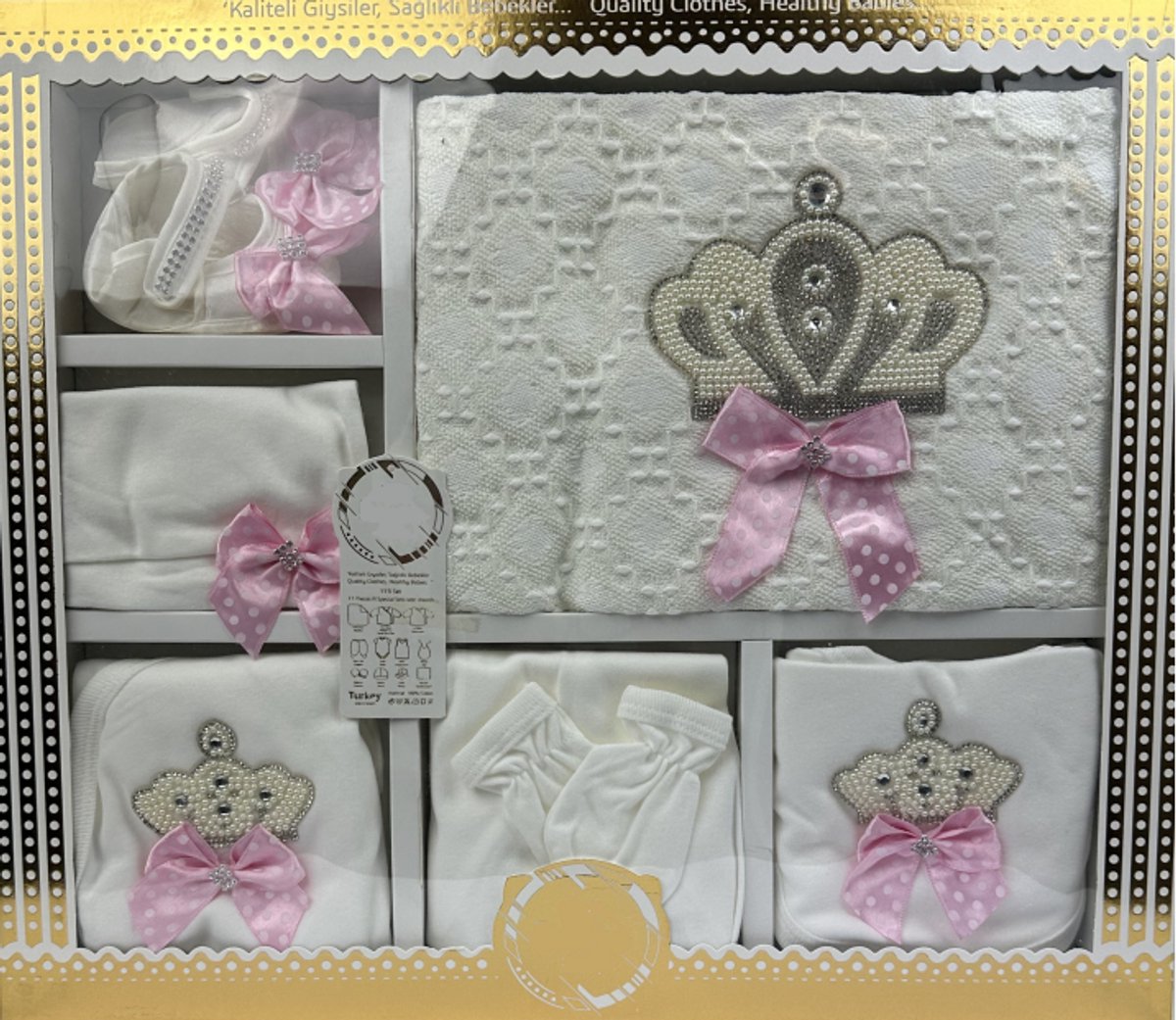 Marco Rossi Luxe 11-delige Baby Cadeauset - Geboorte Set - Gift - Roze - met Kroon & Parels - Kraamcadeau Jongen & Meisje - 0-4 maanden
