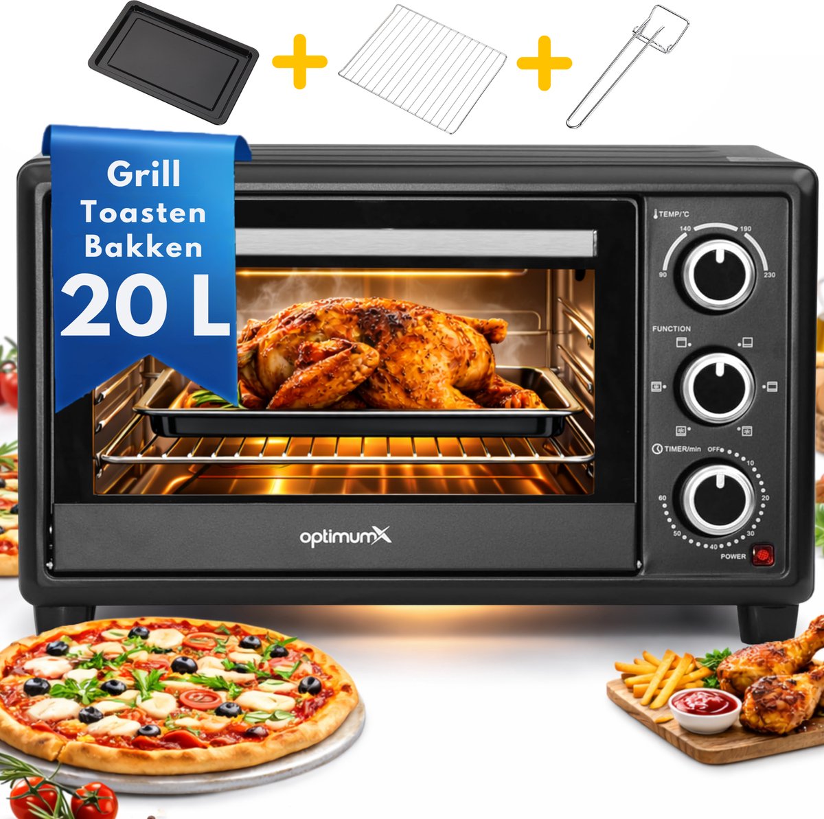 Bol.com OptimumX Vrijstaande Oven - 20L - Kleine Oventje - Pizzaoven - Mini Oven - Camping Oven - Hetelucht - Timer - Zwart - 13... aanbieding