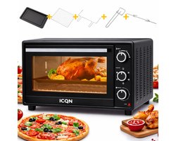 ICQN Vrijstaande Oven - 50L - Convectie Mini Oven - Pizzaoven - Hetelucht & Grillfunctie - Geëmailleerde Holte - Zwart