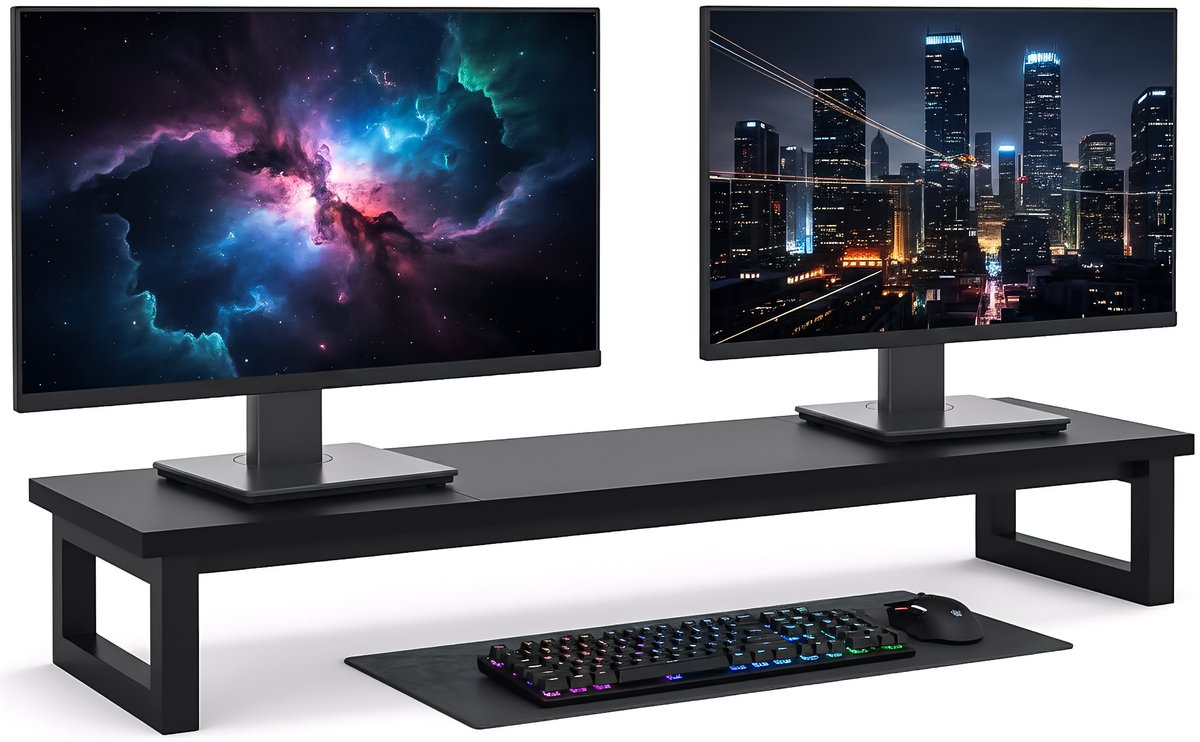 Hervita Monitor Standaard 2 Schermen Zwart - Hoge Kwaliteit - Extra Stabiel - Minimalistisch - Beeldscherm Verhoger - Monitor Verhoger 2 Schermen - 98 X 26 CM