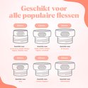 Diagram met deksels van 39mm, 53mm, 56mm, 50mm, 60mm en 65mm. Met merknamen voor elk formaat. "Geschikt voor alle populaire flessen".
