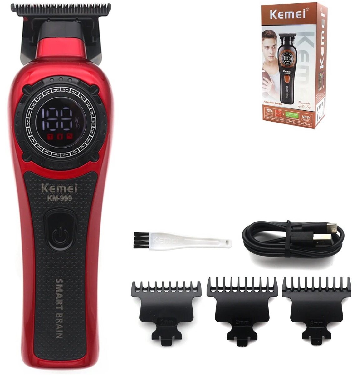Professionele Kemei KM-999 Draadloze T-Blade Tondeuse – Digitale Display – Oplaadbaar – Inclusief 3 Opzetkammen – Voor Barbiers & Thuisgebruik
