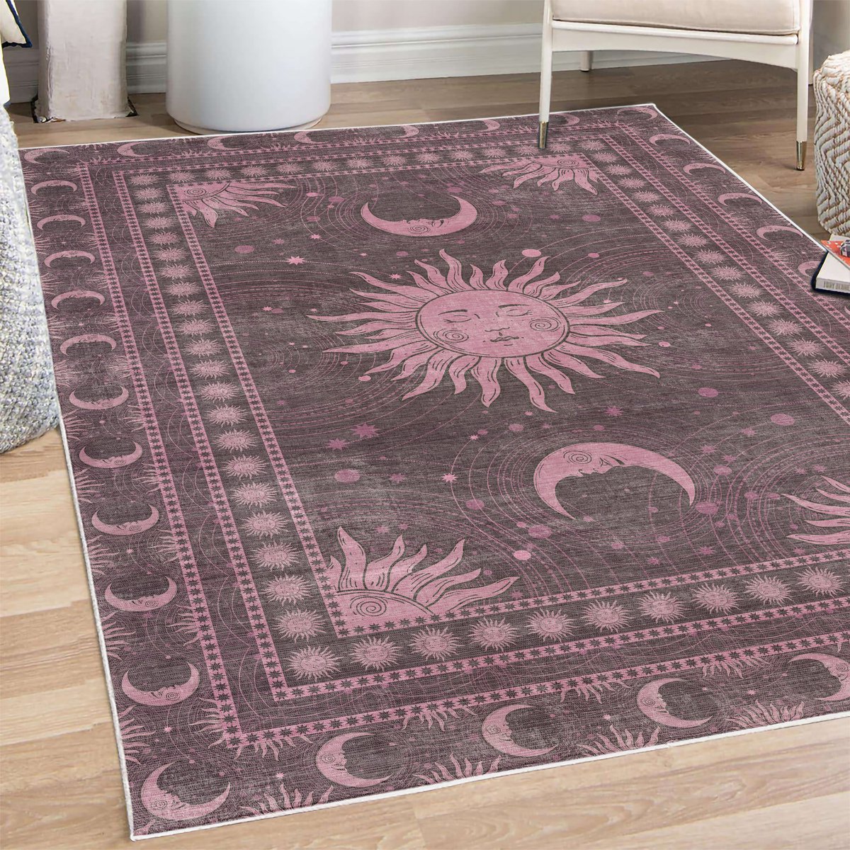 ABAKUHAUS Vloerkleed - Woonkamer Tapijt – zon en maan – Hoogpolig – 69 x 114 cm – roze