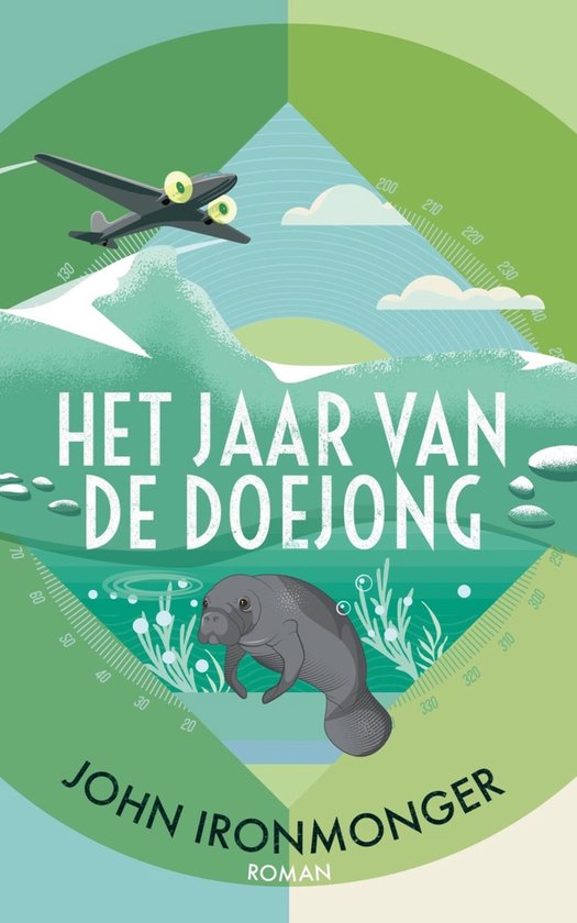 Boekomslag met de titel 'HET JAAR VAN DE DOEJONG' en een zeekoe in het water, met een vliegtuig en bergen op de achtergrond.