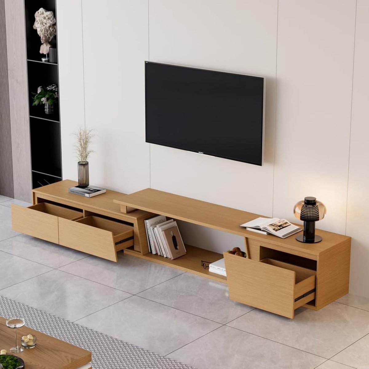 Uitschuifbare TV-kast 180-280 cm - Moderne TV-meubel met 3 Laden en Opbergruimte, Walnoot Hout, Lowboard voor Woonkamer 40x40 cm | Pauwhome