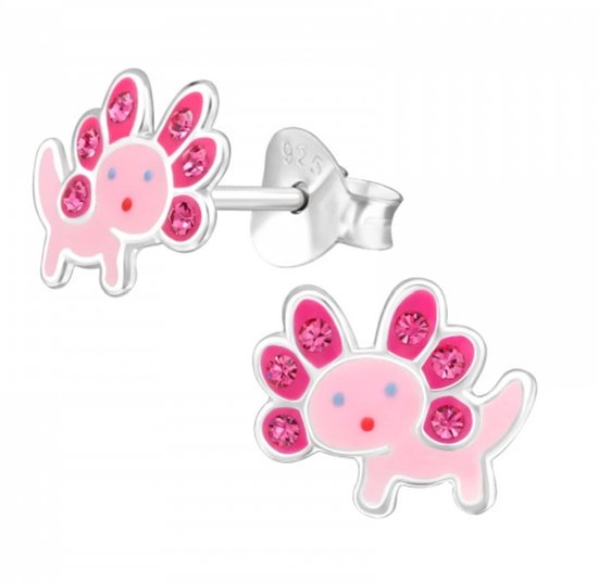 La Rosa Princesa Kawaii Boucles d'Oreilles Axolotl Rose - Argent Sterling 925 avec Cristal - Filles