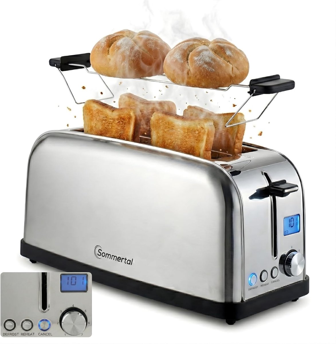 Sommertal Toaster ST1500 XXL – 4 Slices, Broodjesopzet, Display met Timer en Resttijd, Retro Design, Langsleuf, RVS, 1500W, Broodrooster
