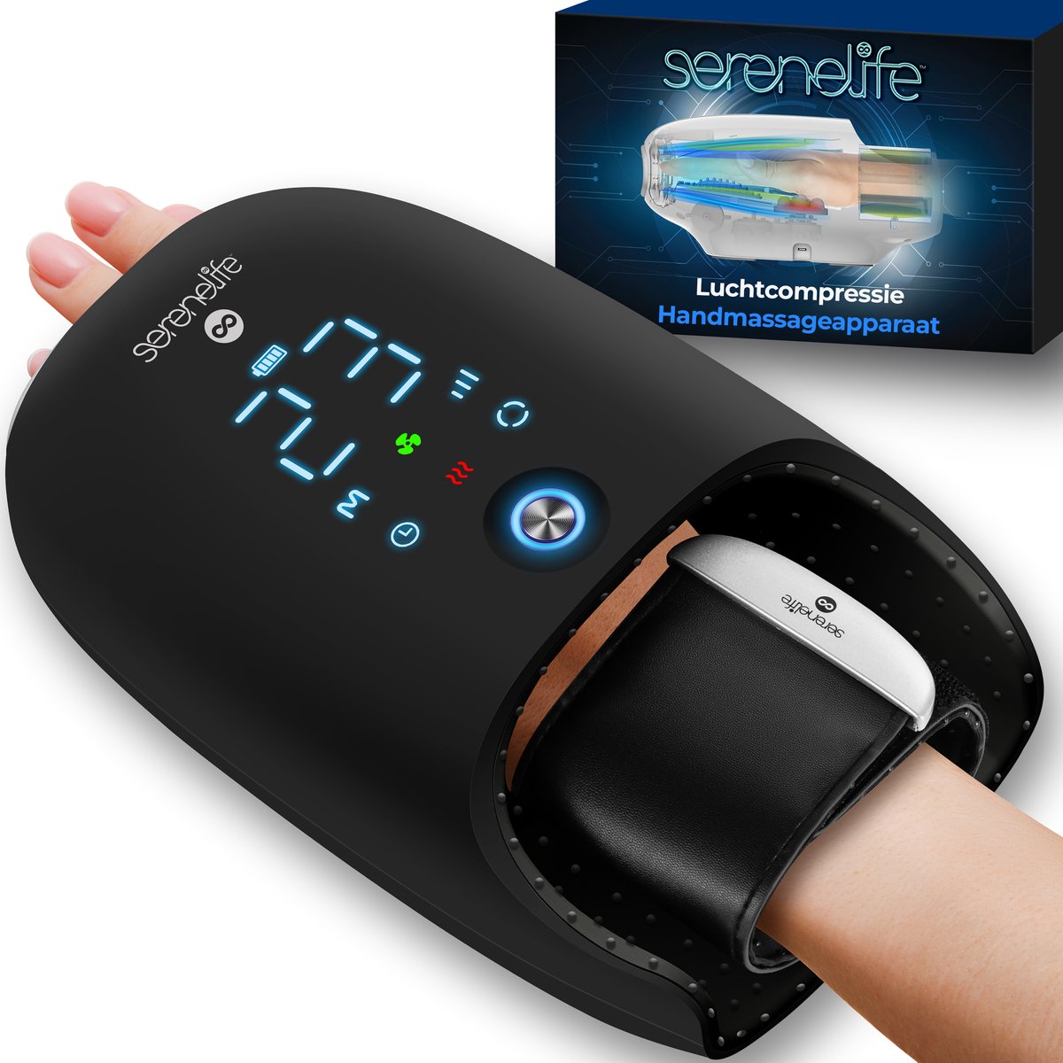 SereneLife Hand Massager - Handmassageapparaat - Met warmte en compressie - 6 modes en 6 intensiteitsniveaus