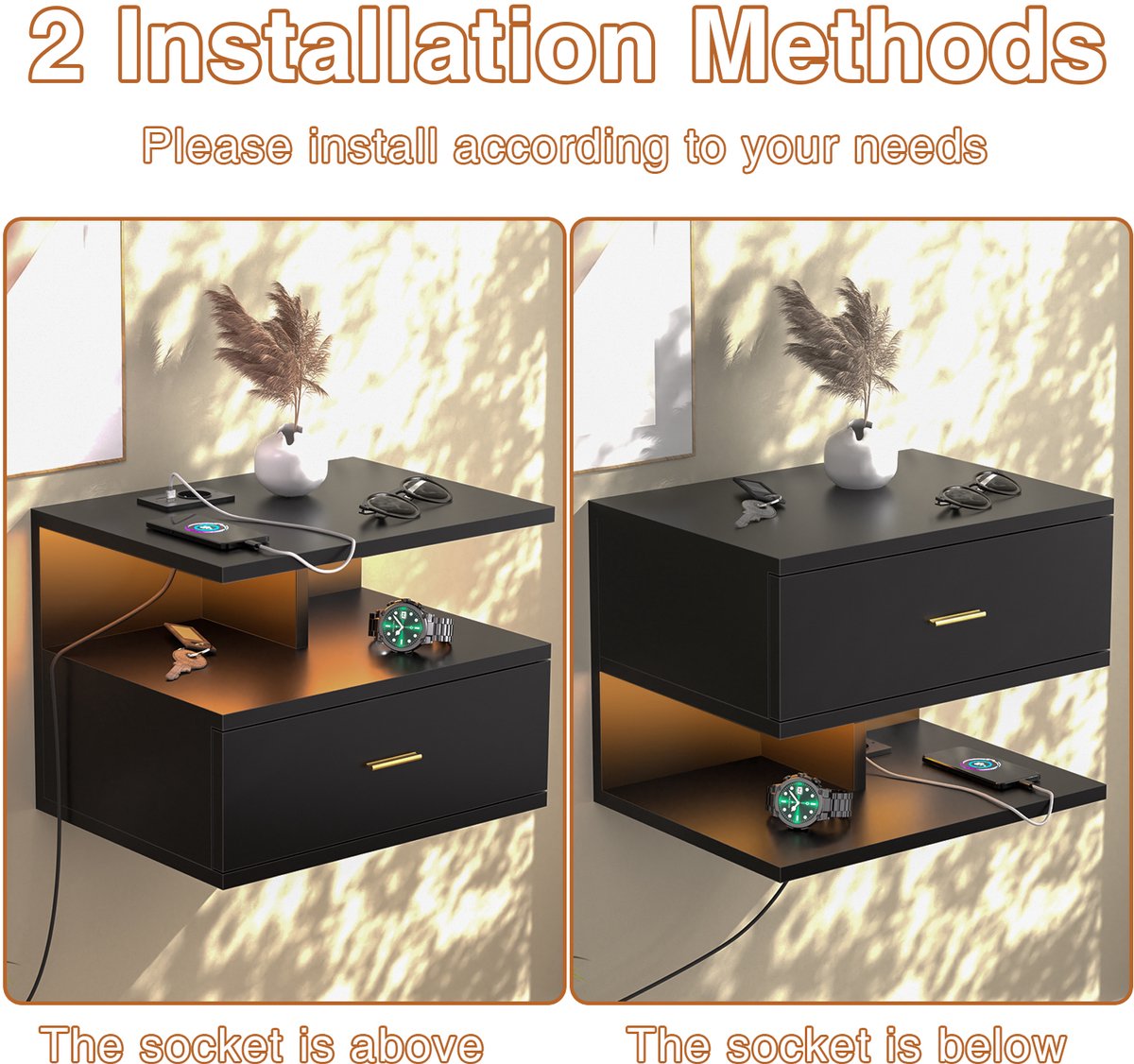 Nachtkastje - 2-delige wandmontageset - Zwart 40x30x30cm Inclusief zwart EU-oplaadstation (2AC+2USB) en led-stripverlichting Geschikt voor slaapkamers