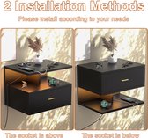 Nachtkastje - 2-delige wandmontageset - Zwart 40x30x30cm Inclusief zwart EU-oplaadstation (2AC+2USB) en led-stripverlichting Geschikt voor slaapkamers