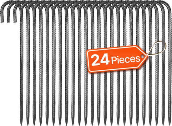 Een rij van 24 zwarte J-vormige grondpennen van metaal, met een oranje label met '24 Pieces'.