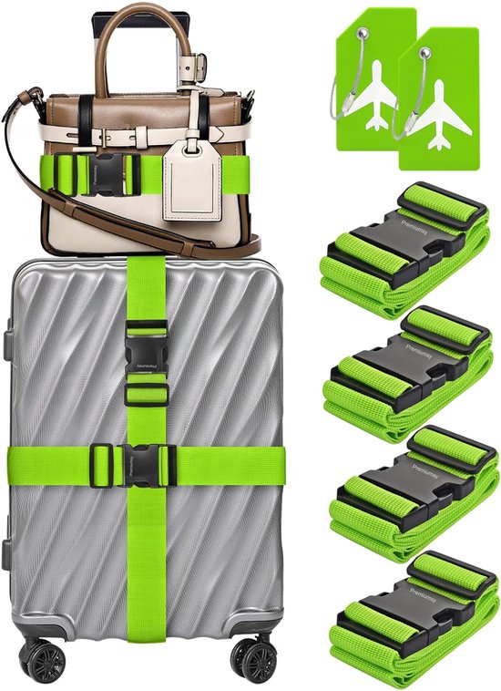 Premiumsy Kofferriem Met Kofferlabel - 6 Stuks - 4 Kofferband en 2 Bagagelabel - Bagageriem - Koffer Riem - Verstelbaar - Reisaccessoires - Groen