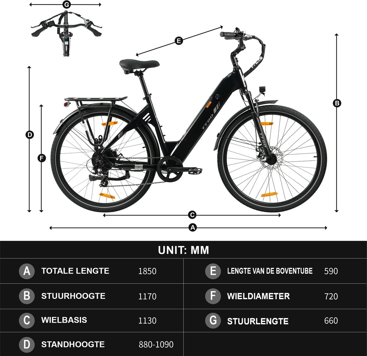 TTGO Elektrische Fiets C3- 28 Inch E-Bike Stadsfiets - 18Ah Accu tot 120 km Bereik - Shimano 7 Speed- Aluminium Frame - Zwart – foto 6