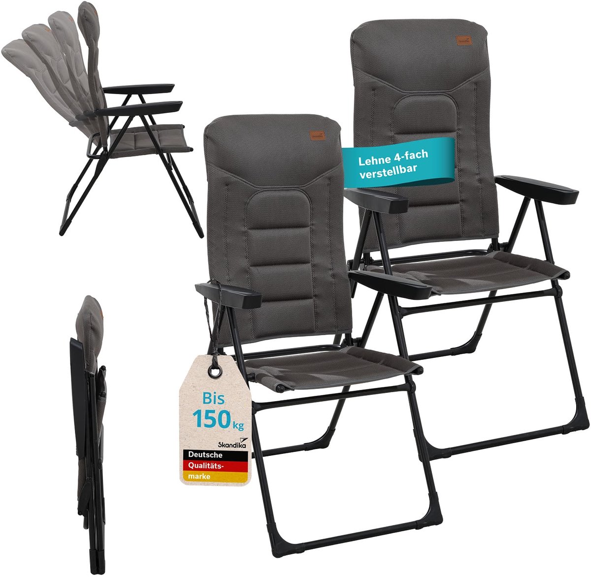 Skandika hoge rugleuning Kvist - Opvouwbare campingstoel, set van 2, klapstoel van aluminium & staal, rugleuning in 4 standen verstelbaar, belastbaar tot 150 kg, gewatteerd, met hoofdkussen | Stoel, camping, tuin