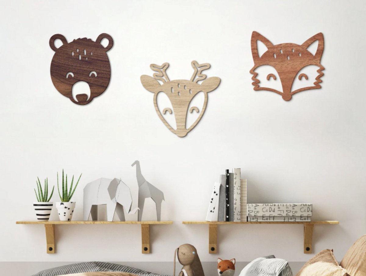 Woodland Trio - Houten kinderkamermuurdecoratie, kinderkamer, babykamer, wanddecoratie, set van 3