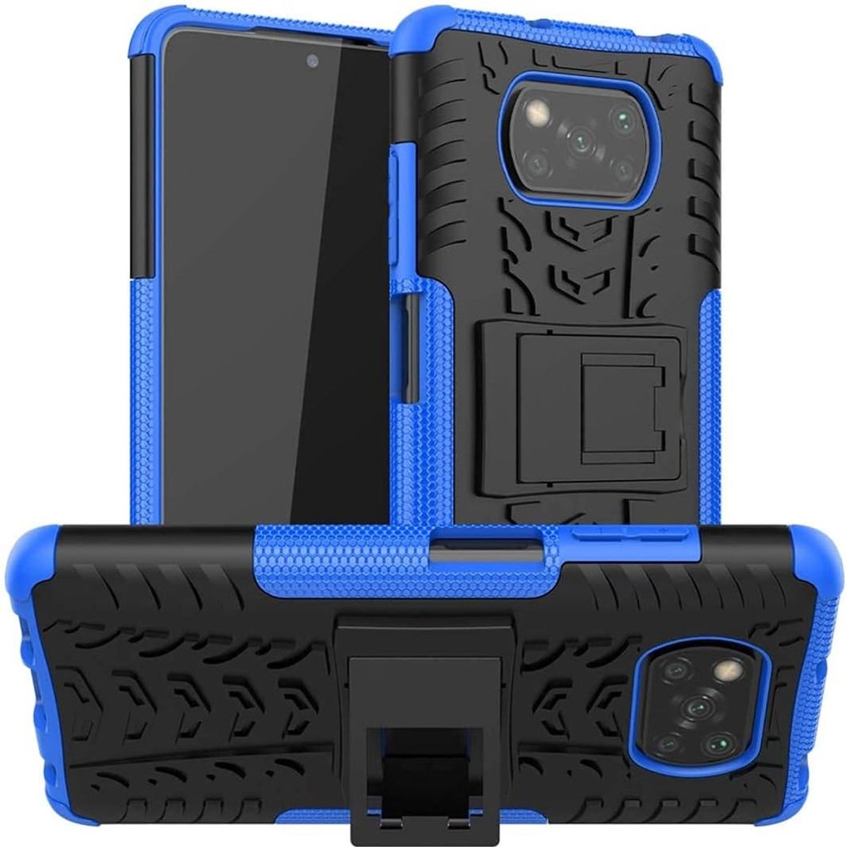 Robuust Xiaomi Poco-X3 Hoesje met Standaard en Glas Schermbeveiliging - Optimale-Bescherming - Ideaal voor Actieve Levensstijl - Blauw