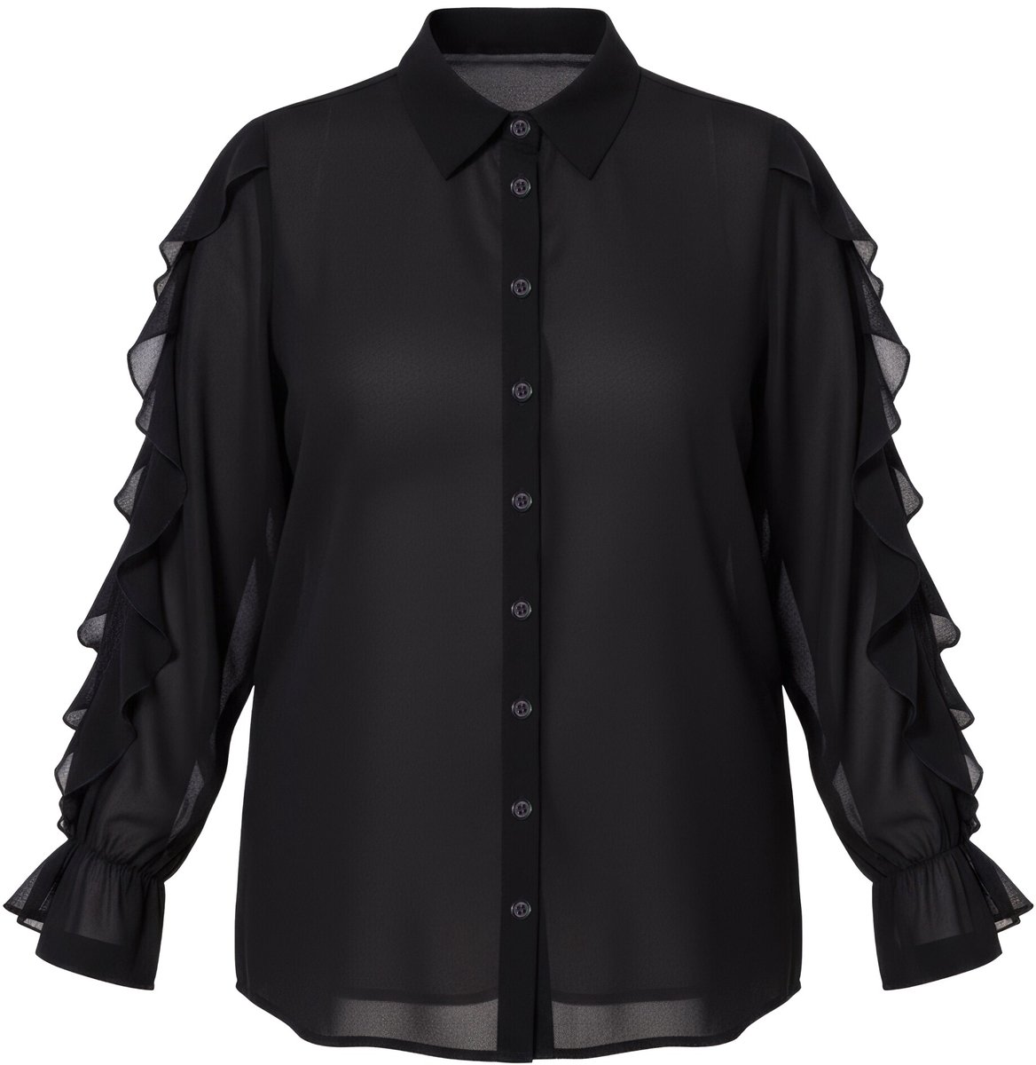 Studio Untold - Dames - Chiffon blouse oversized transparant volants - Zwart - Maat 42+