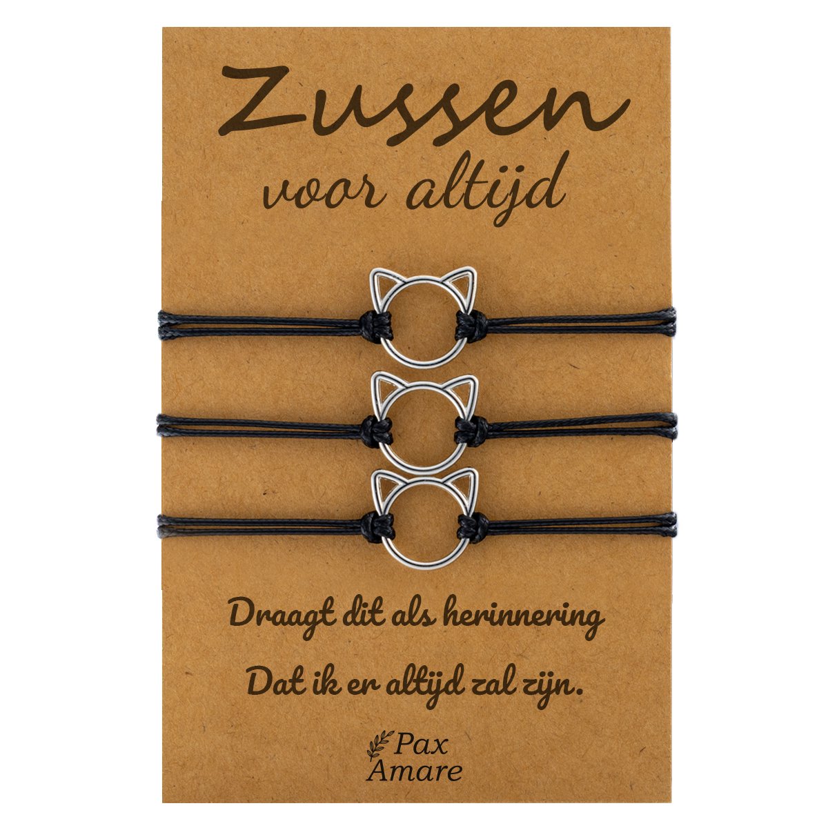 Vriendschapsarmbandjes voor 3 "Zussen voor altijd" - Schattig Katje - BFF Armbandjes met Cadeau Kaartje - Zwart & Zilverkleurig - Katje / Poesje Armband - Pax Amare
