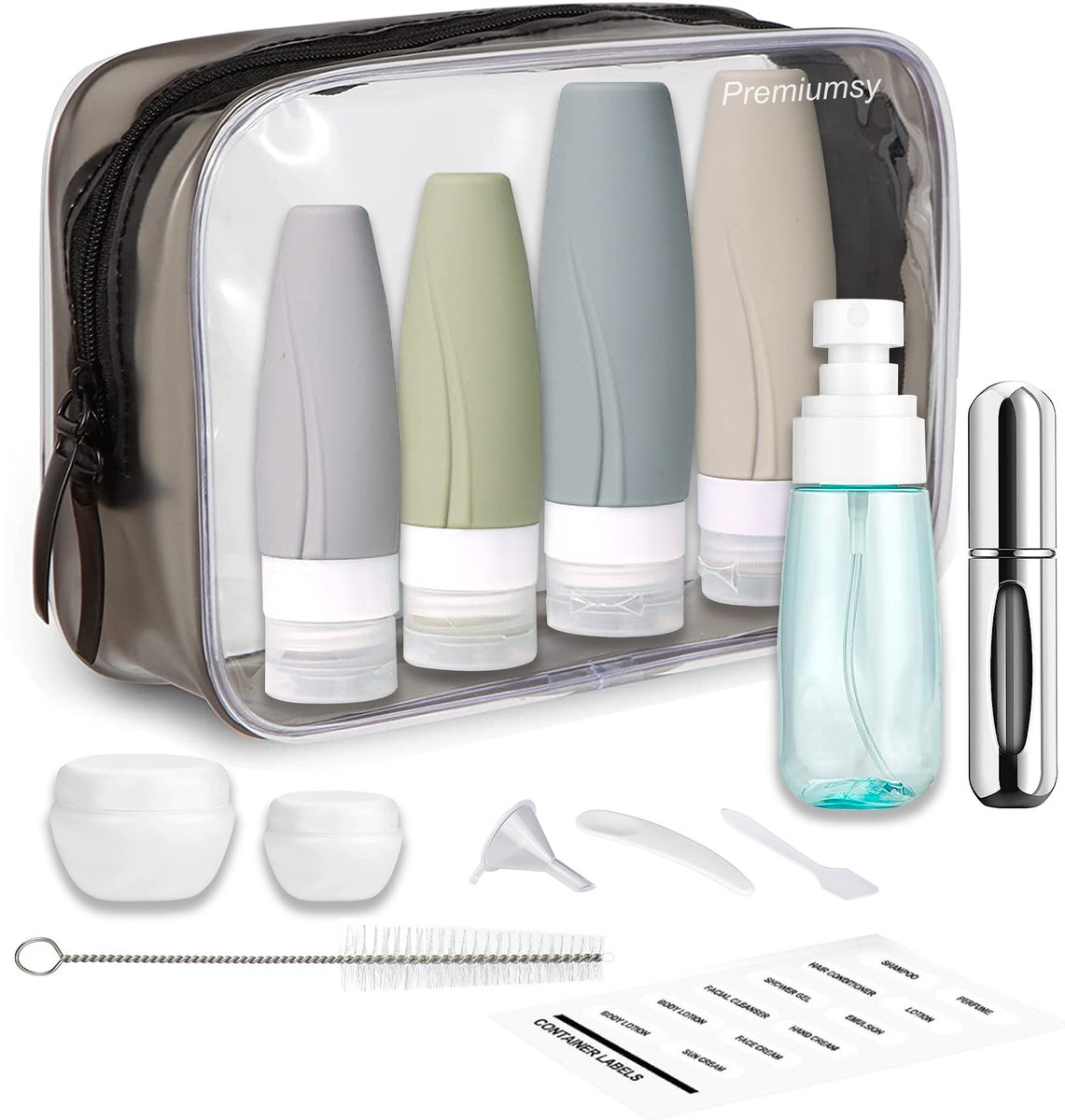 Premiumsy Reisflesjes met Etui - 12 Delig - Reisset - Reisflesjes Handbagage 100ML - Siliconen Reisflacons - Reis Flesjes Navulbaar - Reisaccessoires - Cosmetica Potjes - Incl. Parfumverstuiver