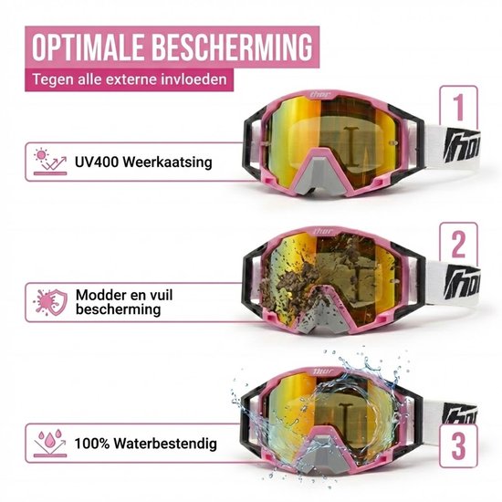 Roze Thor crossbril met spiegelend vizier, beschermd tegen UV400, modder en water. Witte band met Thor logo.