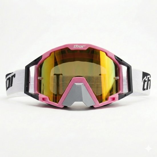 Roze Thor crossbril met spiegelend geel vizier, grijze neus en zwart frame. Witte band met Thor logo.