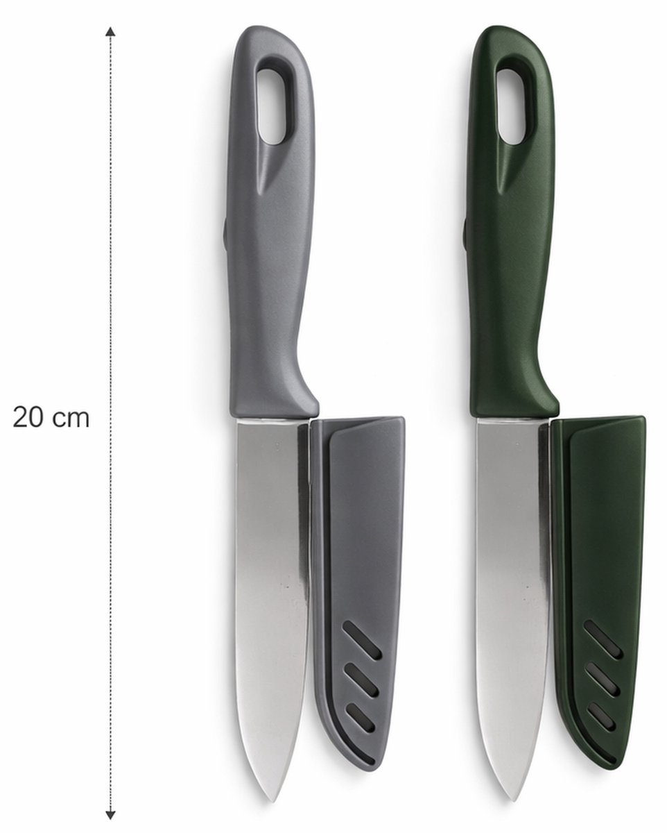 Keukenmessen Set van 2 – Met Beschermhoes – 20 cm – RVS Lemmet 9,5 cm – Grijs & Groen