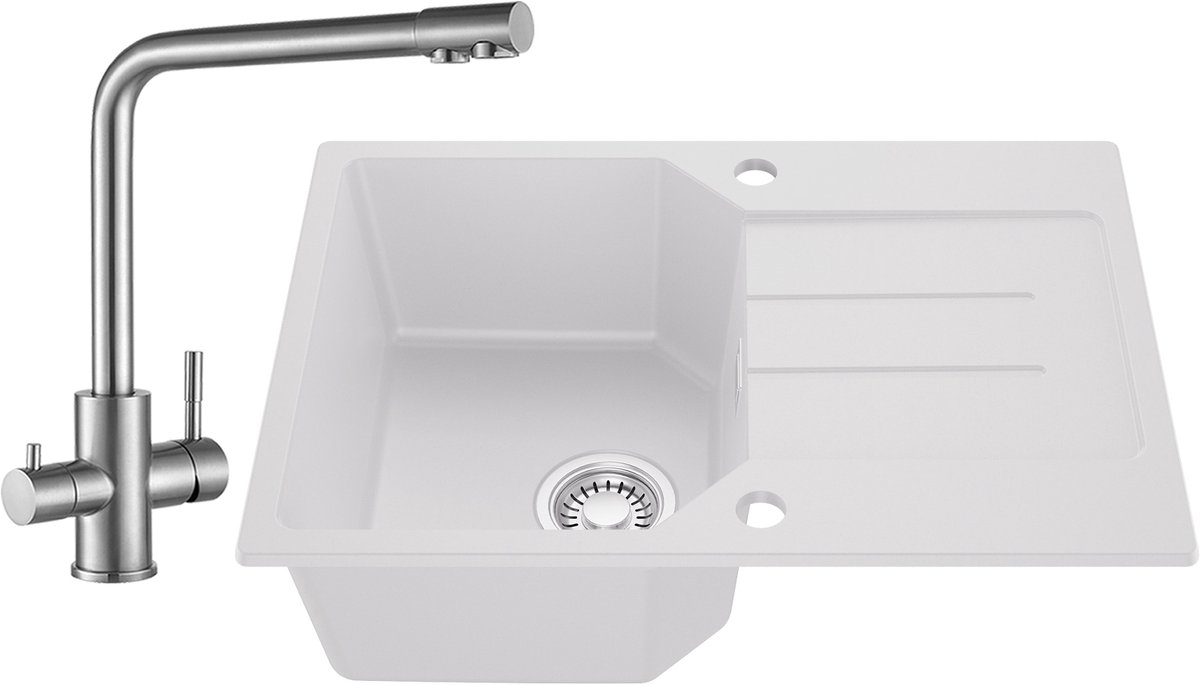 Anycee MAX Spoelbak Keuken 65x45CM Wit - Granieten Spoelbak Met 3 Wege Keukenkraan - Spoel