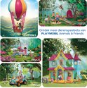 Collage met PLAYMOBIL speelsets: heteluchtballon, dierentuinspeelgoed met apen, badkamer, jeep en huis met dieren.