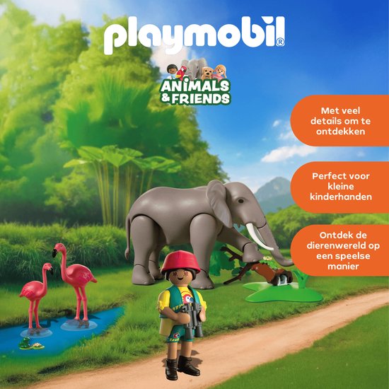 Grijze olifant van PLAYMOBIL met een dierentuinverzorger en flamingo's, met tekst over details, kinderhanden en spel.