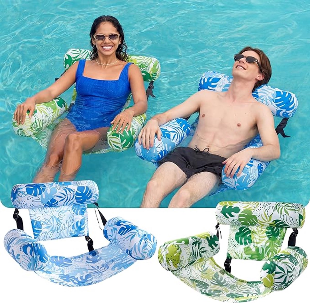 Opblaasbare zwembadmatrassen voor volwassenen, set van 2 drijvende ligstoelen, robuust opblaasbaar zwembadoppervlak voor volwassenen, perfect voor feestjes, zomerse watersporten, strandplezier en drijvende stoelen aan het meer. – foto 4
