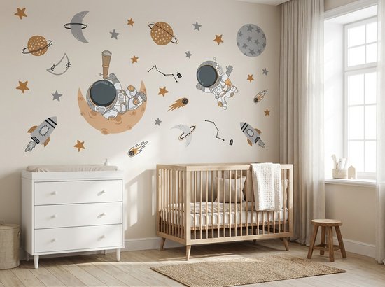 Astronaut & Sterren Muursticker – Zelfklevende Vinyl Wanddecoratie – 2-delige Set– 60 x 90 cm