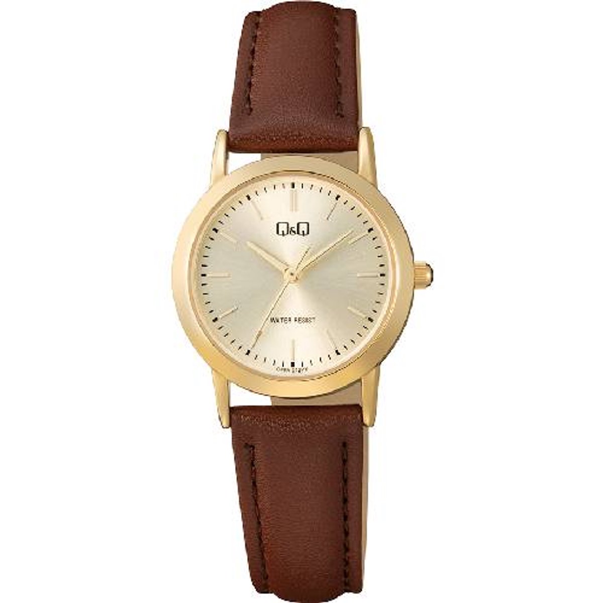 QQ-dameshorloge-model c40a-012-goudkleurig-bruin leder-3 atm waterdicht-diameter 26 mm