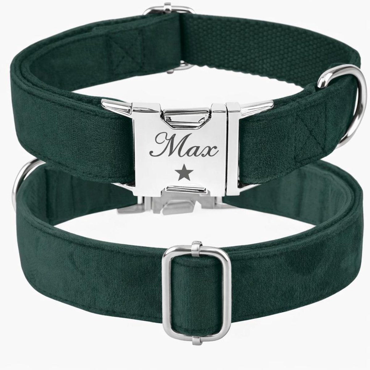 Honden Halsband Fluweel | Fluwelen Hondenhalsband | Velvet Elite Halsband | Halsband metalen sluiting graveren | Honden Halsband Groen | Maat M | Petshop Seven