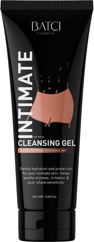 Tube noir avec "INTIMATE FOR MEN" et une illustration graphique du bas du corps. Sur fond blanc.