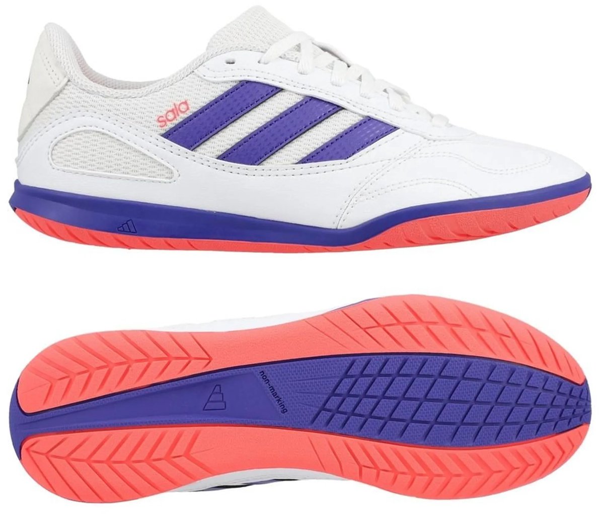 Witte adidas Super Sala III IC zaalvoetbalschoenen voor kids met paarse en roze accenten, ontworpen voor indoor gebruik.