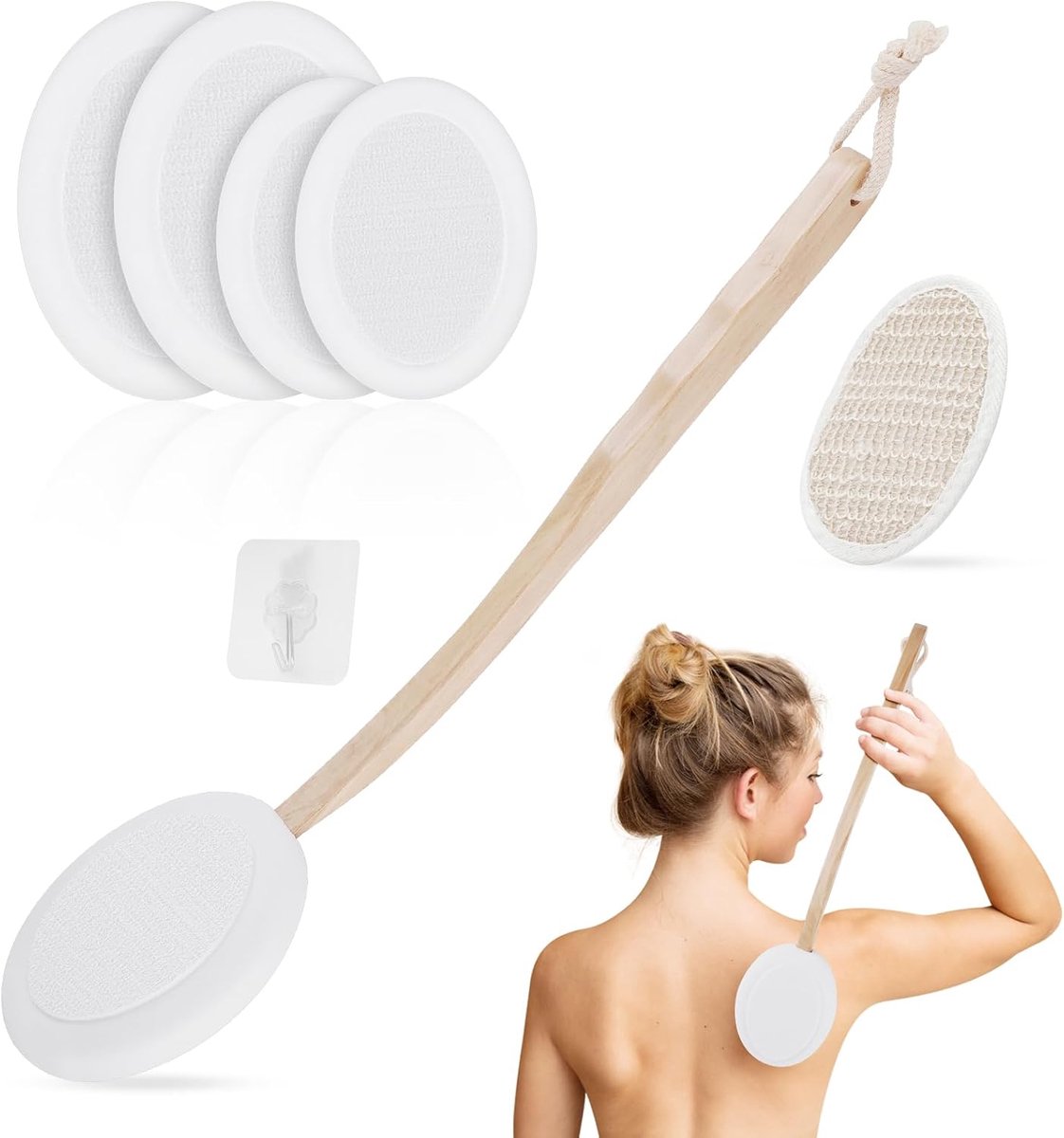 Famanu – Rugcrème-applicator voor gelijkmatig aanbrengen van lotion, set van 7, lange steel met 4 verwisselbare pads, wit