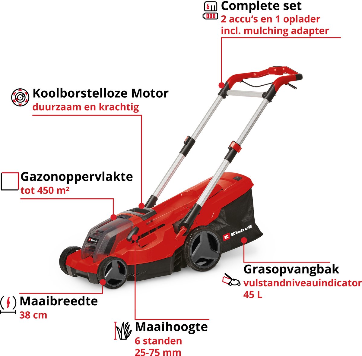 Einhell Professional Accu Grasmaaier GP-CM 36/450 BL Kit - Power X-Change - 36 V/Li-ion - Maaibreedte: 38 cm - Aanbevolen gazonoppervlakte: tot 450 m² - Maaihoogte: 25-75 mm - Incl. 2x 4.0 Ah Accu en 1x DUO-lader – foto 3