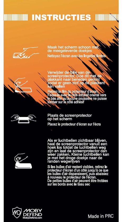 Instructies voor het aanbrengen van een MobyDefend screenprotector met illustraties.