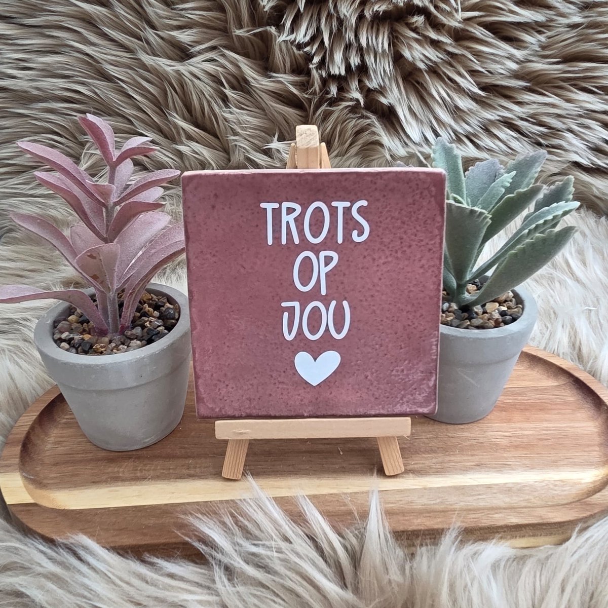 CreaCraft Robuust Wenstegeltje “Trots op Jou” – Lief Cadeautegeltje met Hartje – Trendy nu – Geslaagd – Vriend(in) – Familie – Gezin – Zomaar – Cadeau – Geslaagd – Decoratief Tegeltje met Standaard – Cadeau Idee Oudroze/Wit
