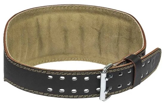 Zwarte leren gewichthefband Harbinger met een gesp en beige voering.