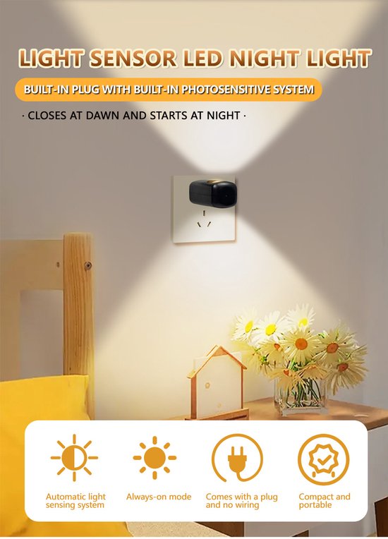 6 Stuks Mini LED Nachtlampjes met Lichtsensor - Plug-in Stopcontactlampjes voor Slaapkamer en Gang - Sfeerverlichting van Dusk tot Dawn - Energiesparende Binnenkamerlampen van Merkloos — afbeelding 5