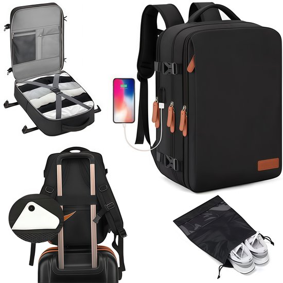 Zwarte reistas met bruine ritsen, geopend om kleding, laptopvak en natte vak te tonen. Met USB-poort en tas voor schoenen.