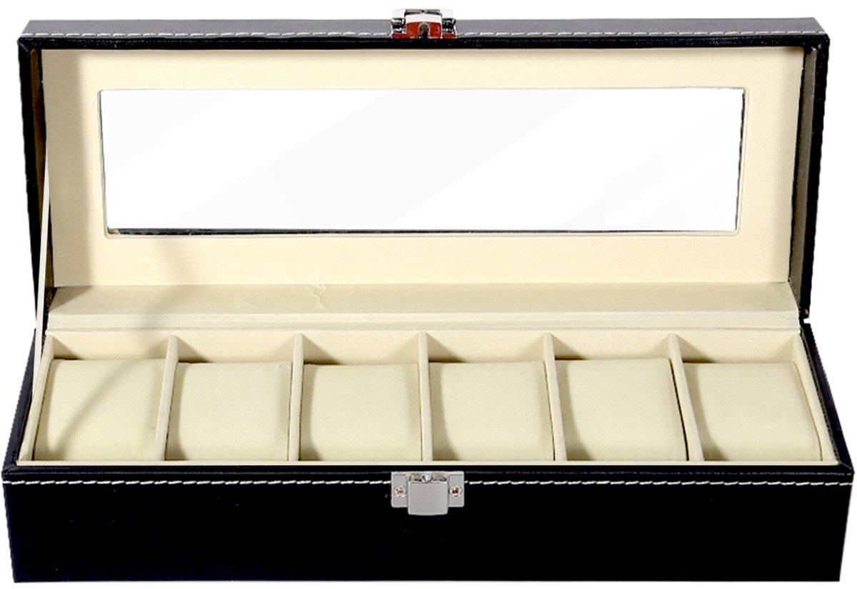 Trendello Horloge Doos - Horlogebox - Horloge Opbergdoos - 6 Vakken - Geschikt voor Sieraden - Beige binnenkant